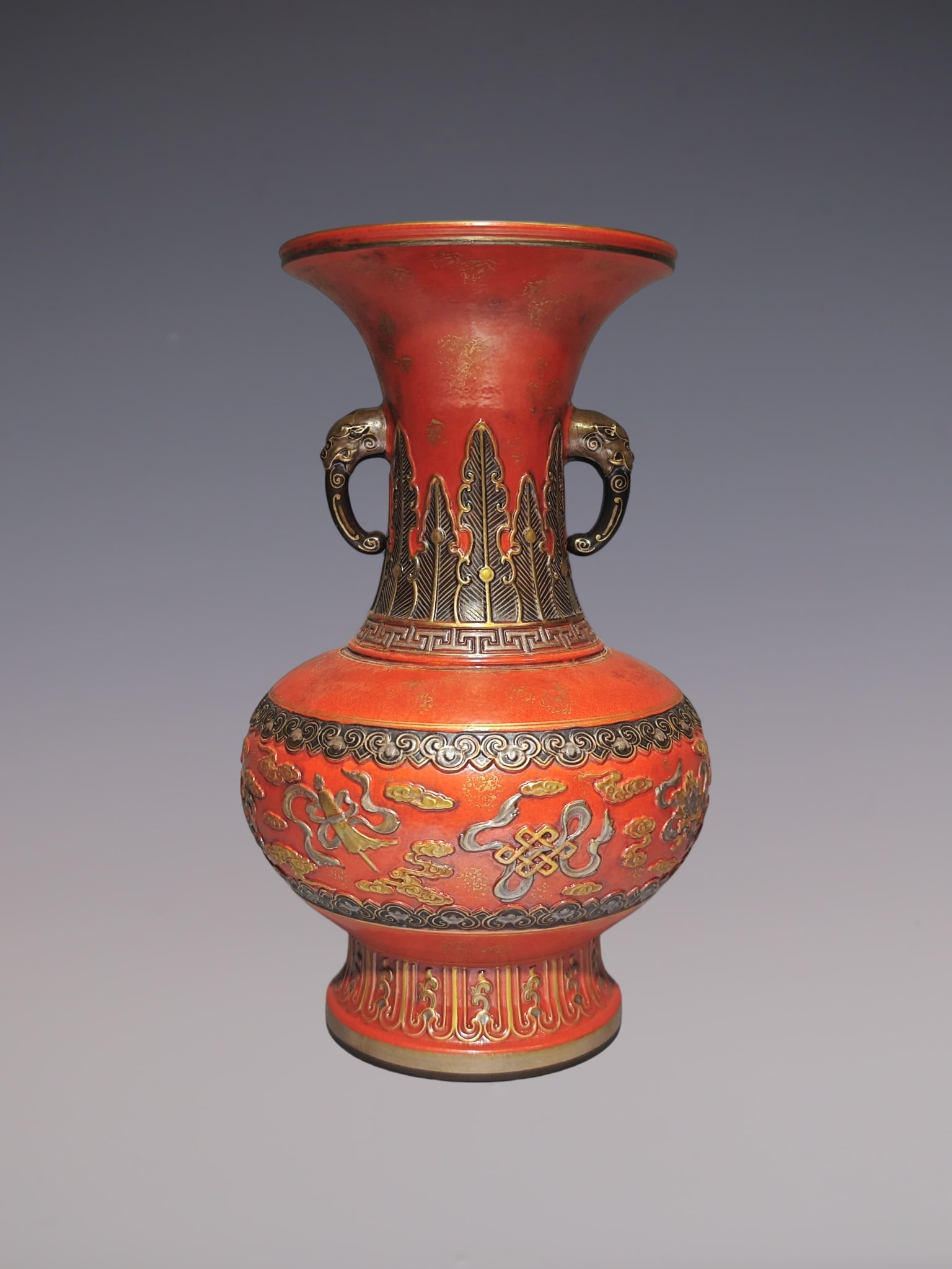 An Exquisite Iron-Red Painted Gold Eight Treasures Pattern Double-Ears Vase (1 of 9)