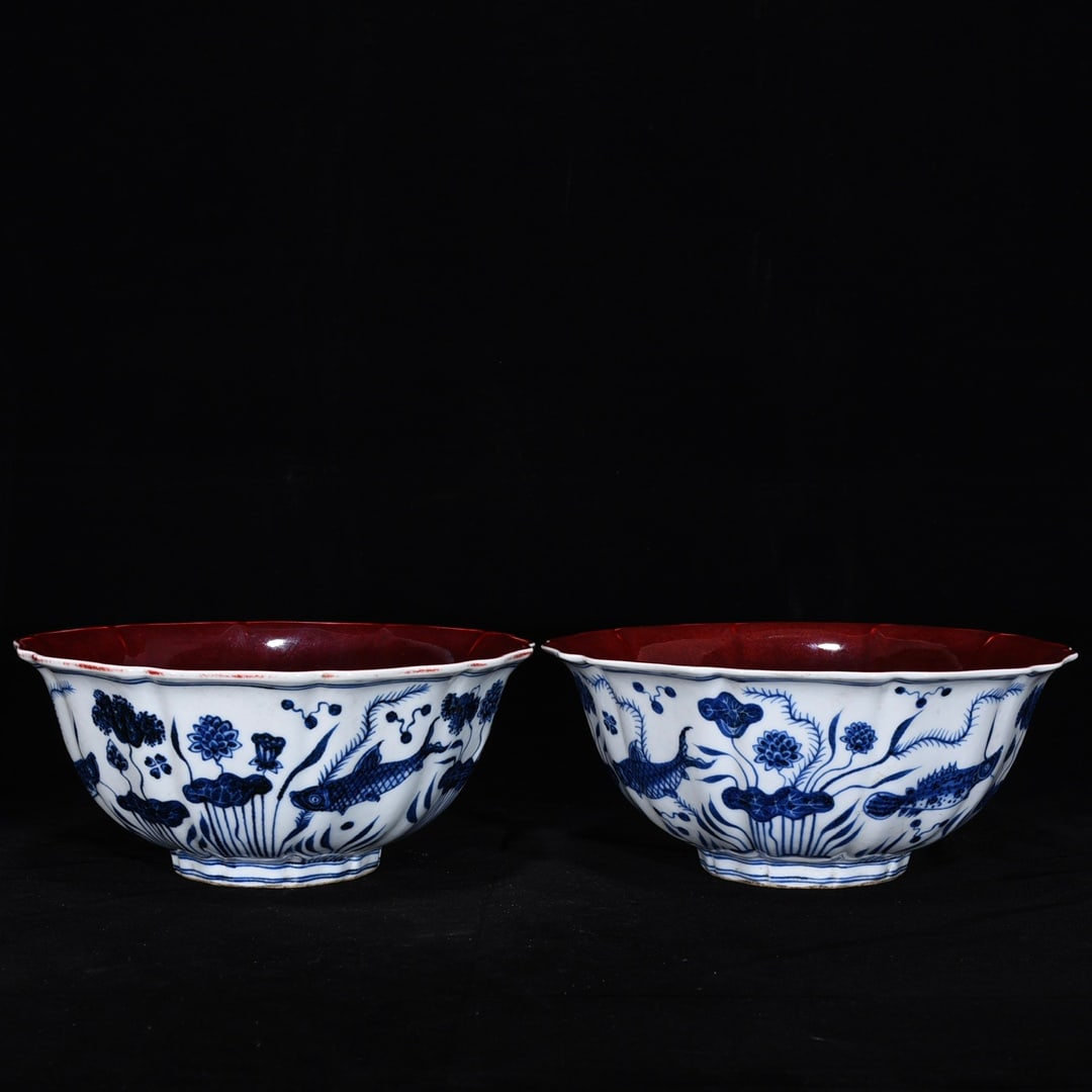 An Exquisite Blue and White Ji Red Glazed Painted Gold Fish and Lotus Pattern with poem Bowl: An Exquisite Blue and White Ji Red Glazed Painted Gold Fish and Lotus Pattern with poem Bowl Ming Dynasty, China Xuande Six-character Mark Size:10cmx23cm (The Dimensions Of All Batches Are Manually Me