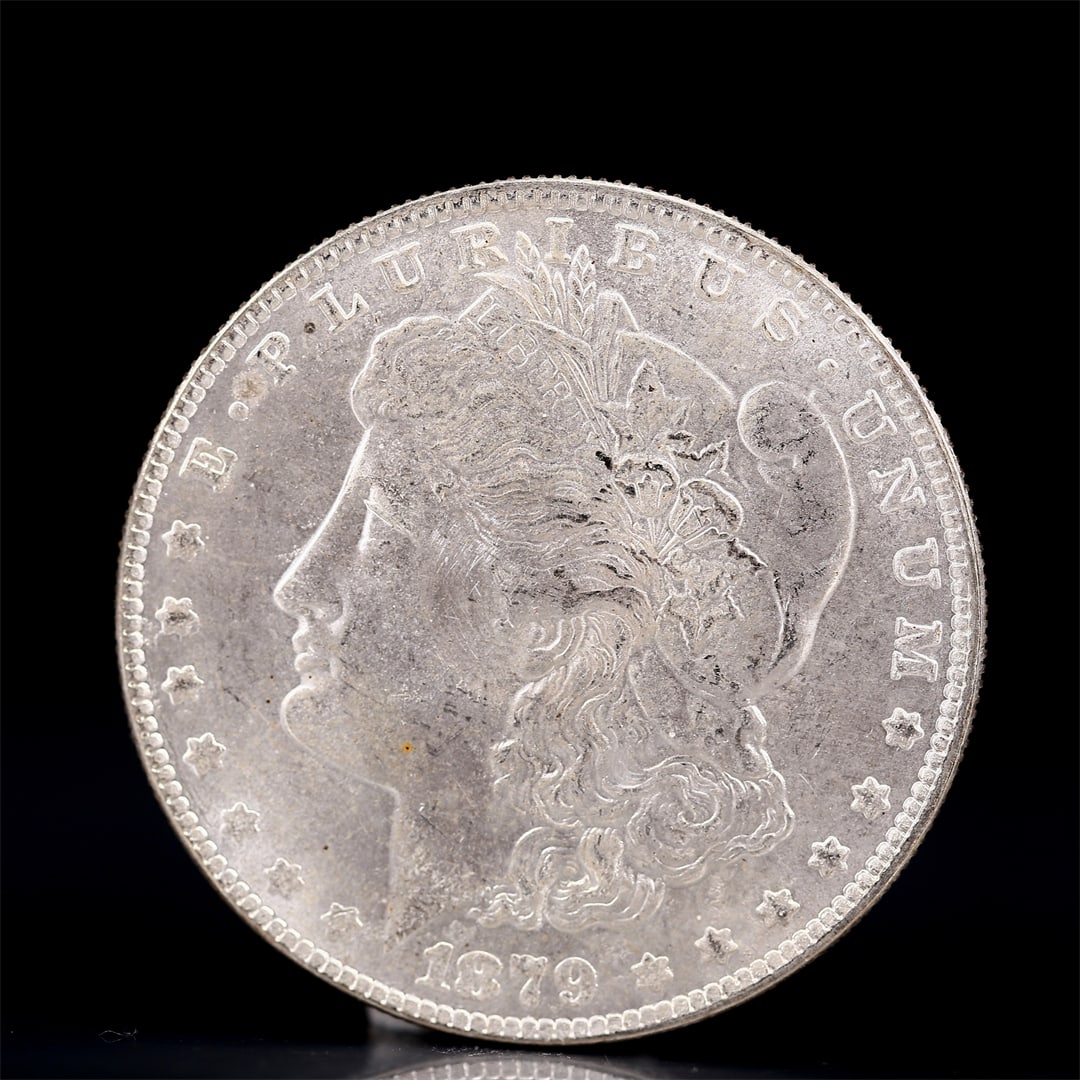 USA Morgan Dollar 1879 Coin: Obv: profile bust with date below and E PLURIBUS UNUM legend and stars around. Rev: eagle with In God we trust above within wreath with UNITED STATES OF AMERICA ONE DOLLAR legend. IN GOD WE TRUST / LI