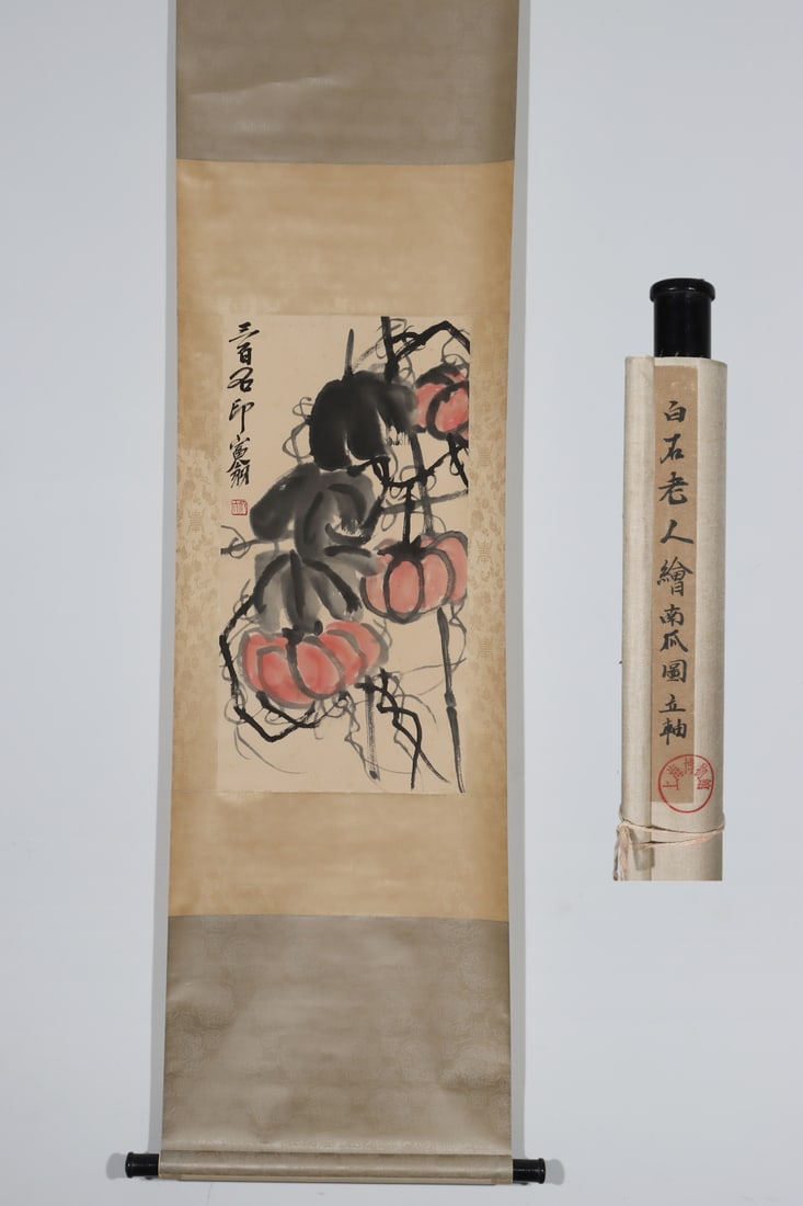 A Chinese Vertical Scroll Ink Painting of Melon and Fruit on Paper: A Chinese Vertical Scroll Ink Painting of Melon and Fruit on Paper Qi baishi Without frame Size:68cmx35.5cm (The Dimensions Of All Batches Are Manually Measured.If You Need More Detailed Information,