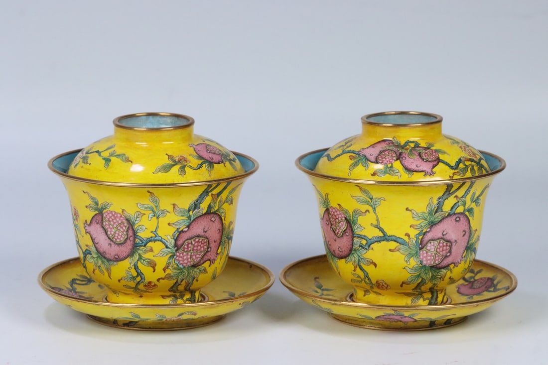 A Set of Fine Bronze Painted Enamel Pomegranate Pattern Cup: A Set of Fine Bronze Painted Enamel Pomegranate Pattern Cup Qing Dynasty, China Qianlong Four-character Mark Size:8.57cmx9.1cmx8.09cm Weight:612.9g (The Dimensions Of All Batches Are Manually