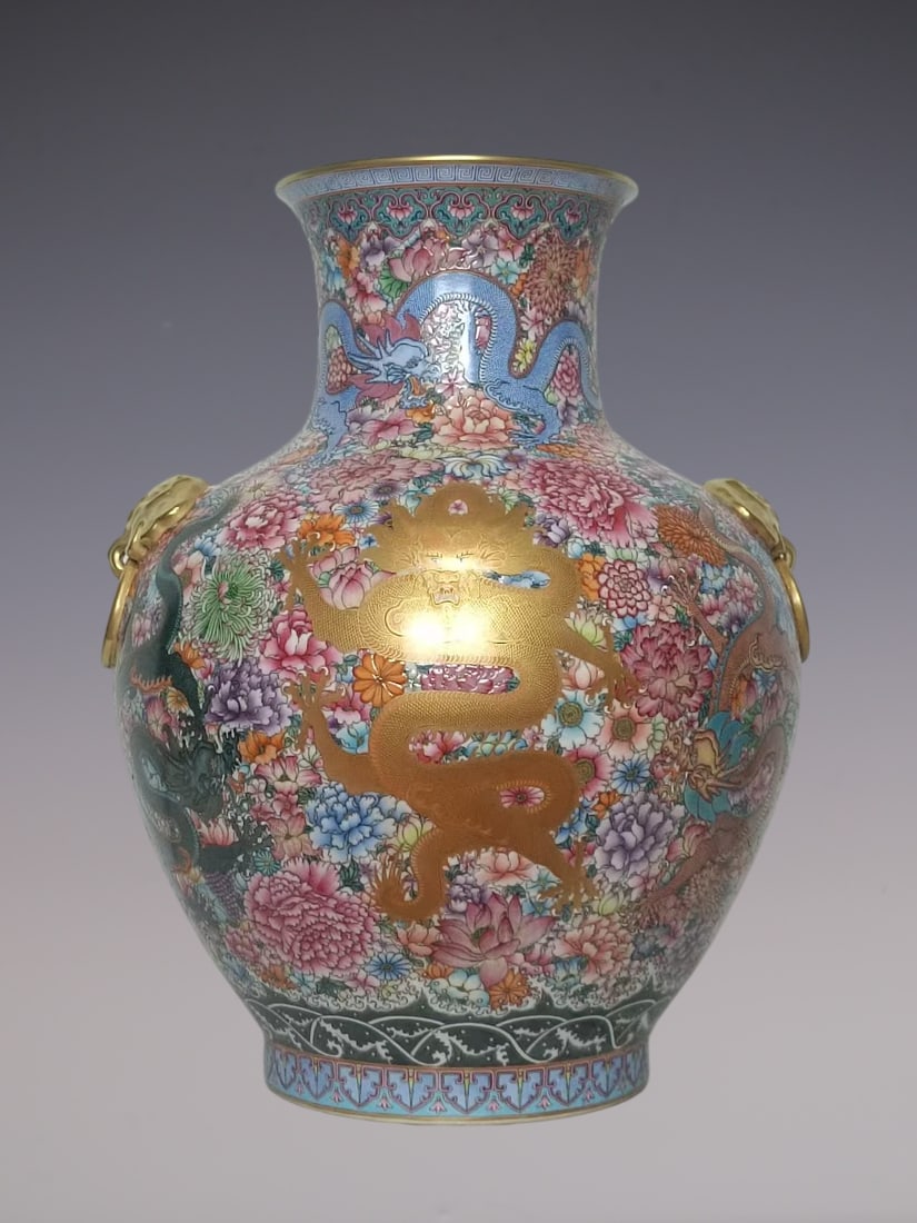An Exquisite Enamel Flower Pattern Seawater Pattern Dragon Pattern Double-Ears Vase (1 of 17)