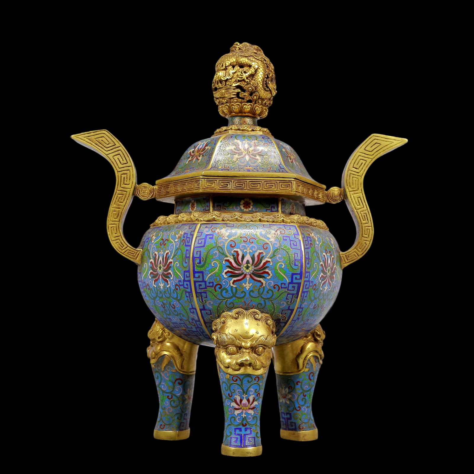 An Exquisite Gilt Bronze Cloisonne Lotus Pattern Dragon Pattern Double-Ears and Tripod Censer (1 of 11)