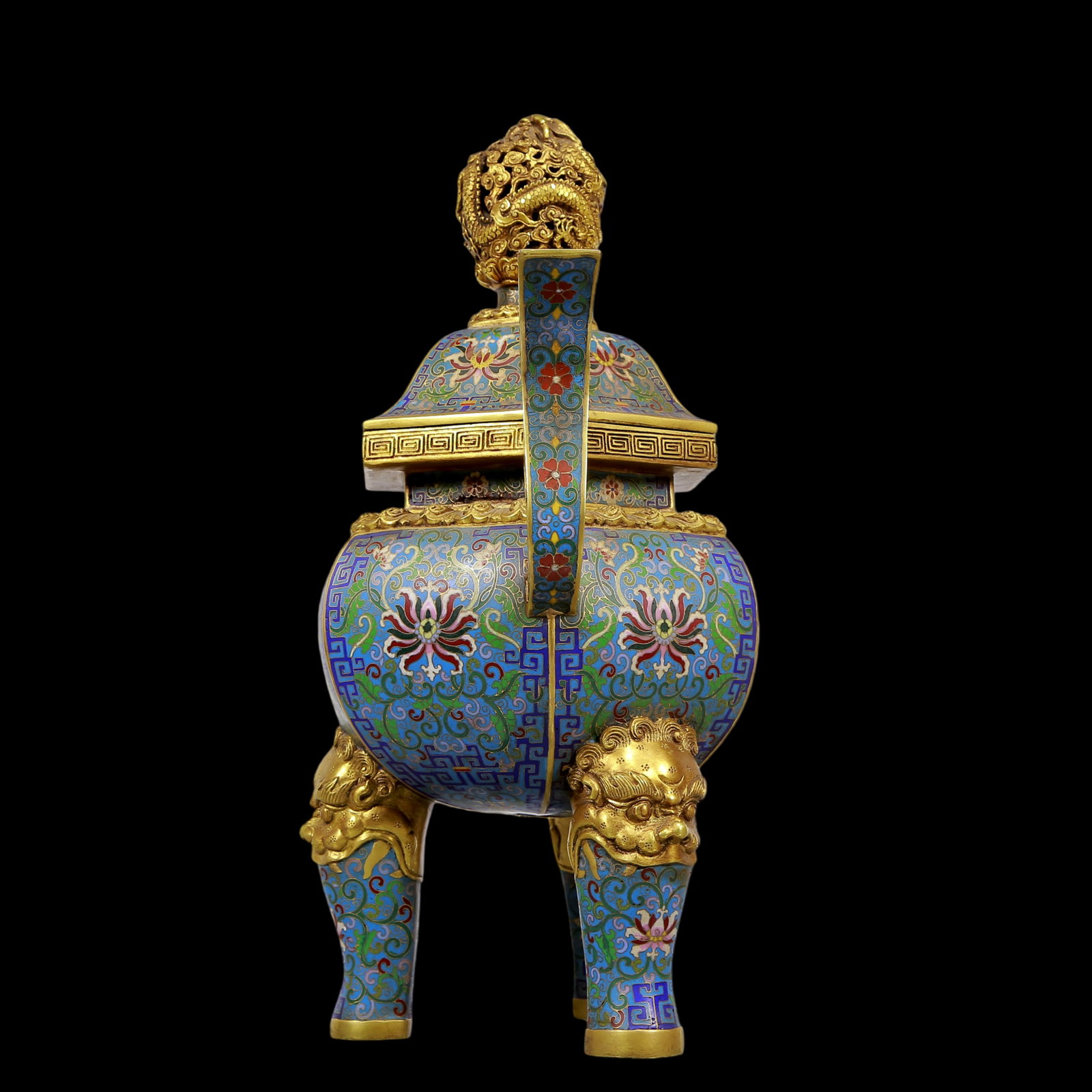 An Exquisite Gilt Bronze Cloisonne Lotus Pattern Dragon Pattern Double-Ears and Tripod Censer - 5