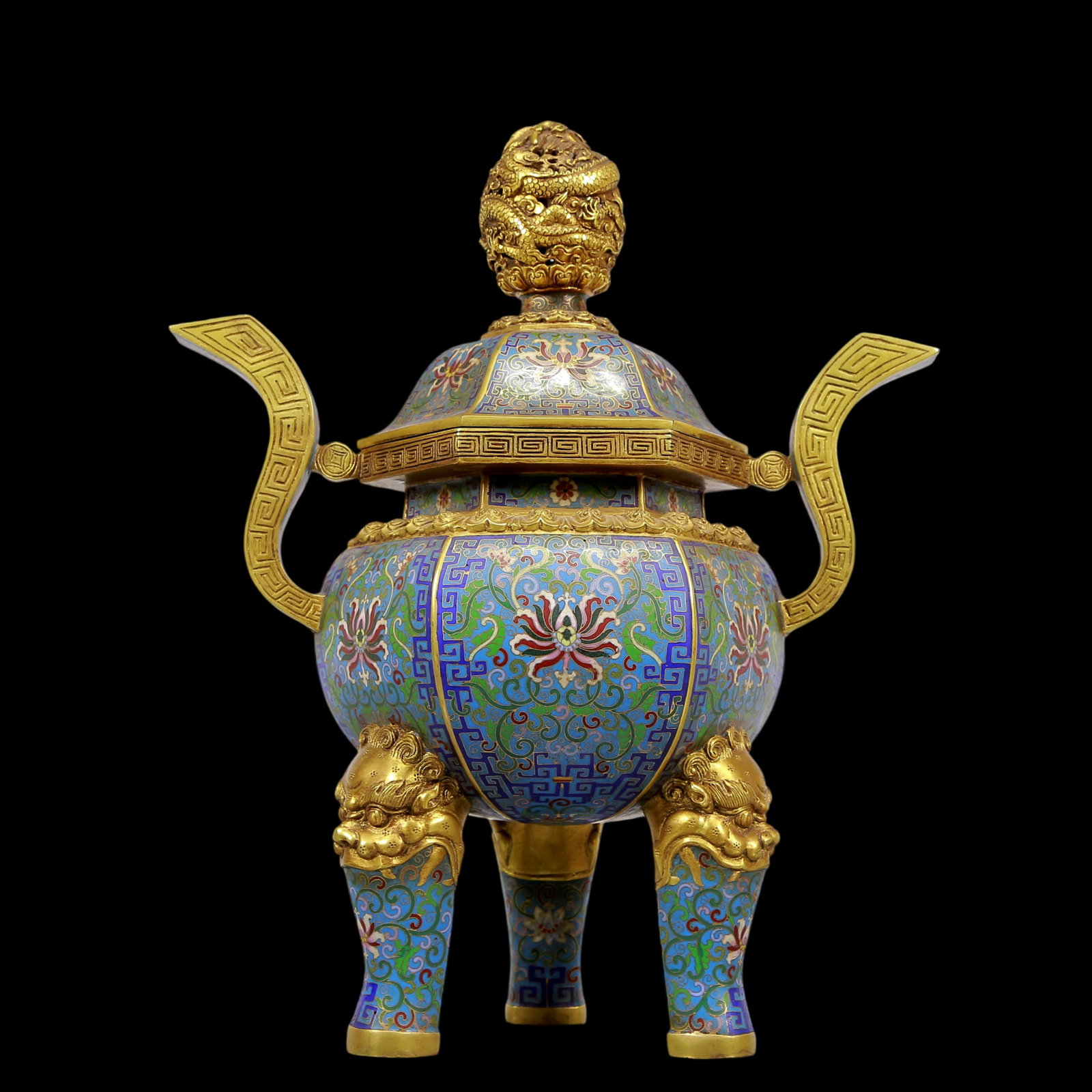 An Exquisite Gilt Bronze Cloisonne Lotus Pattern Dragon Pattern Double-Ears and Tripod Censer - 7