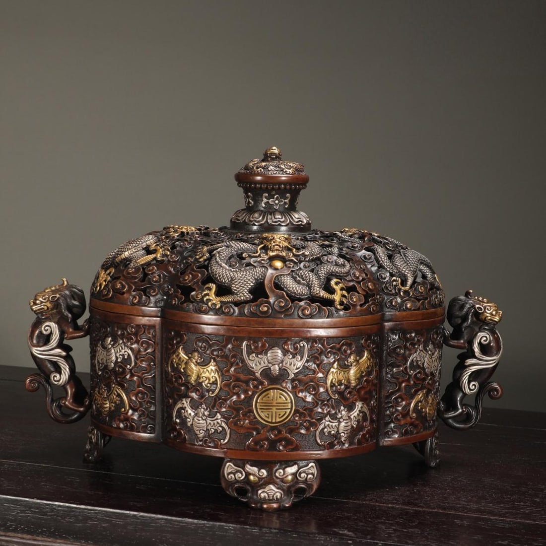 A beautiful Qing Dynasty bronze-based, gilded, silver-gilded incense burner with five blessings and (1 of 9)