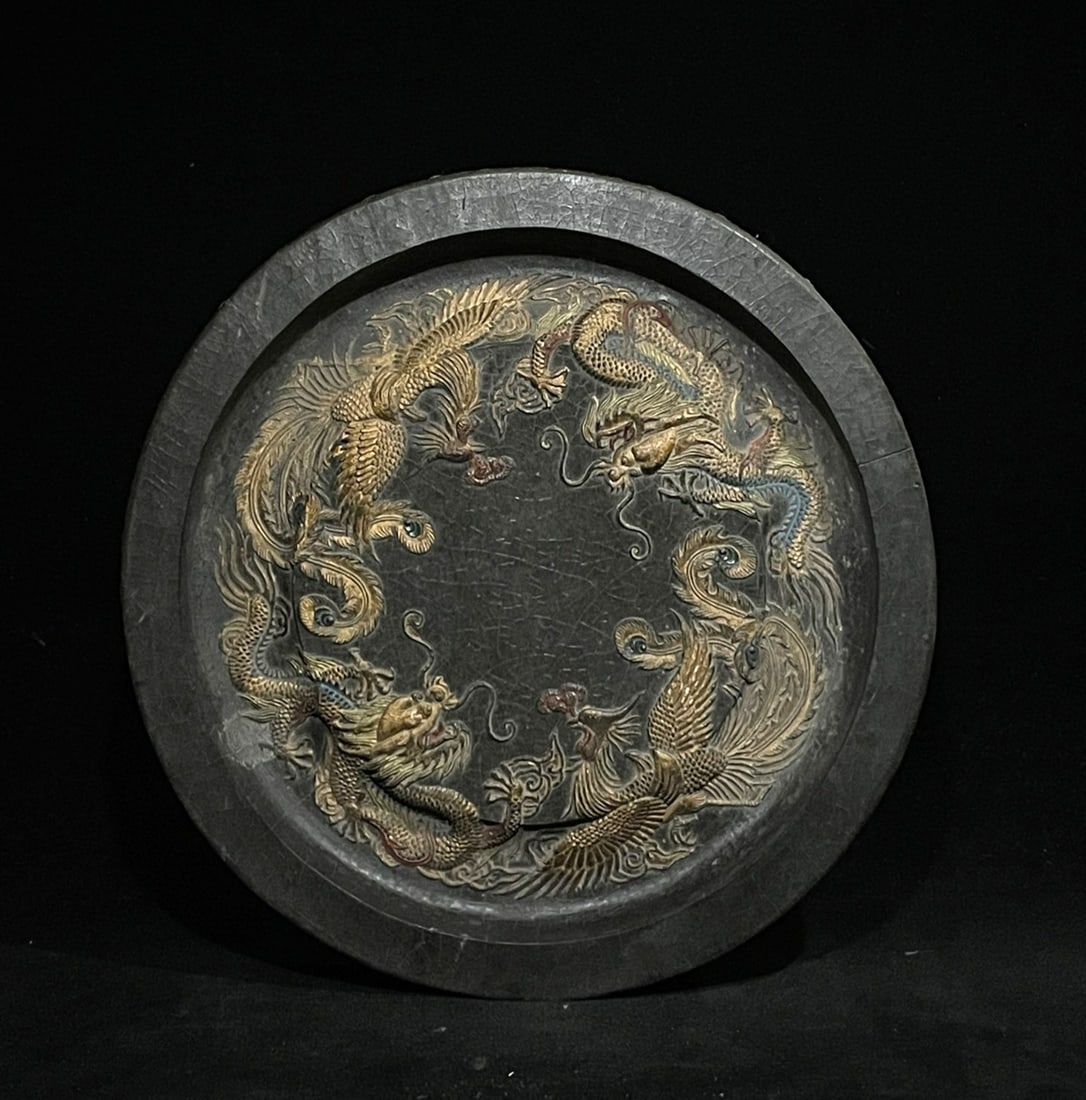 A fine piece of Qing Dynasty Huizhou Dragon and Phoenix inkstone: Qing Dynasty Huizhou Dragon and Phoenix InkstoneSIZE: W: approx. 853g 20x20x3cm(The Dimensions Of All Batches Are Manually Measured.If You Need More Detailed Information, Please Contact Our Customer S