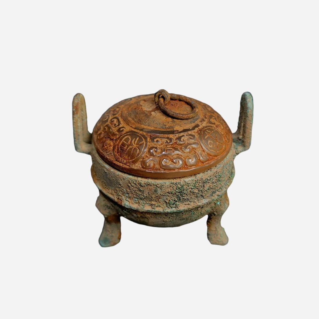 A fine Han Dynasty bronze inlaid jade hand-held tripod (1 of 9)