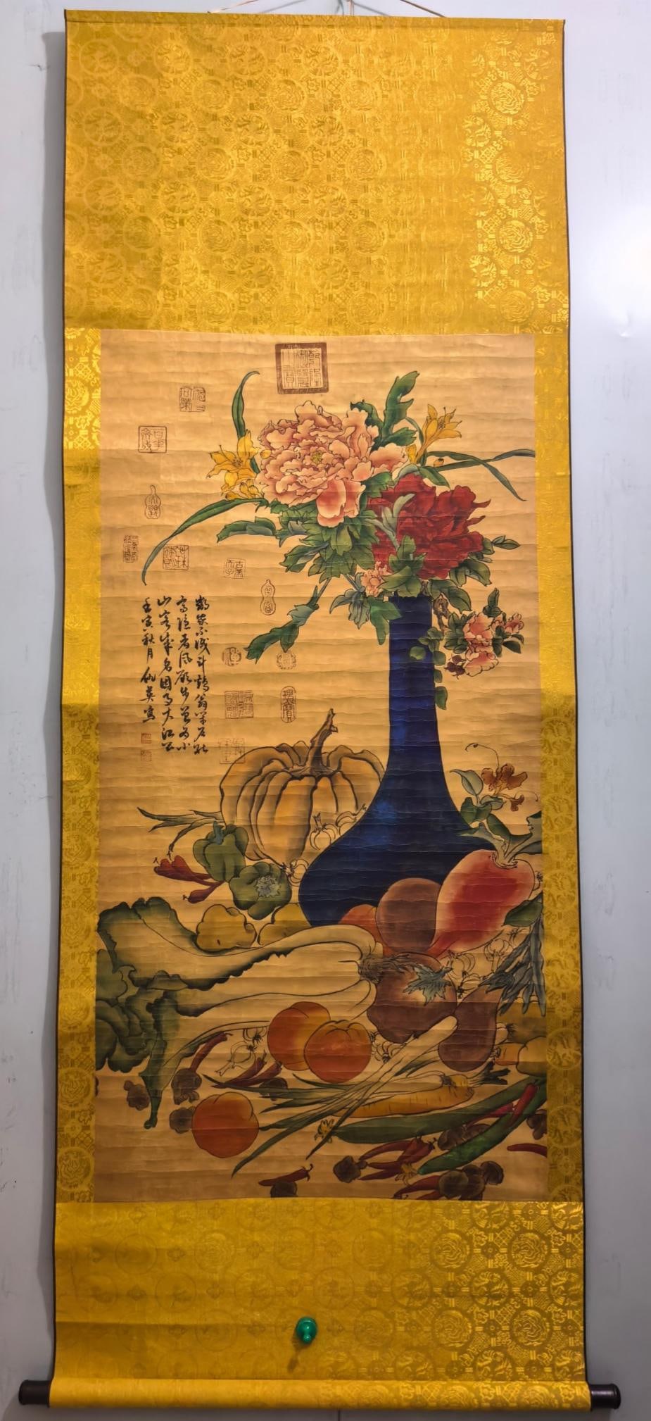A beautiful bird-and-flower painting by Qiu Ying: Qiu Ying's flower-and-bird paintingSIZE:130cm x65cm(The Dimensions Of All Batches Are Manually Measured.If You Need More Detailed Information, Please Contact Our Customer Service Before Bidding.)