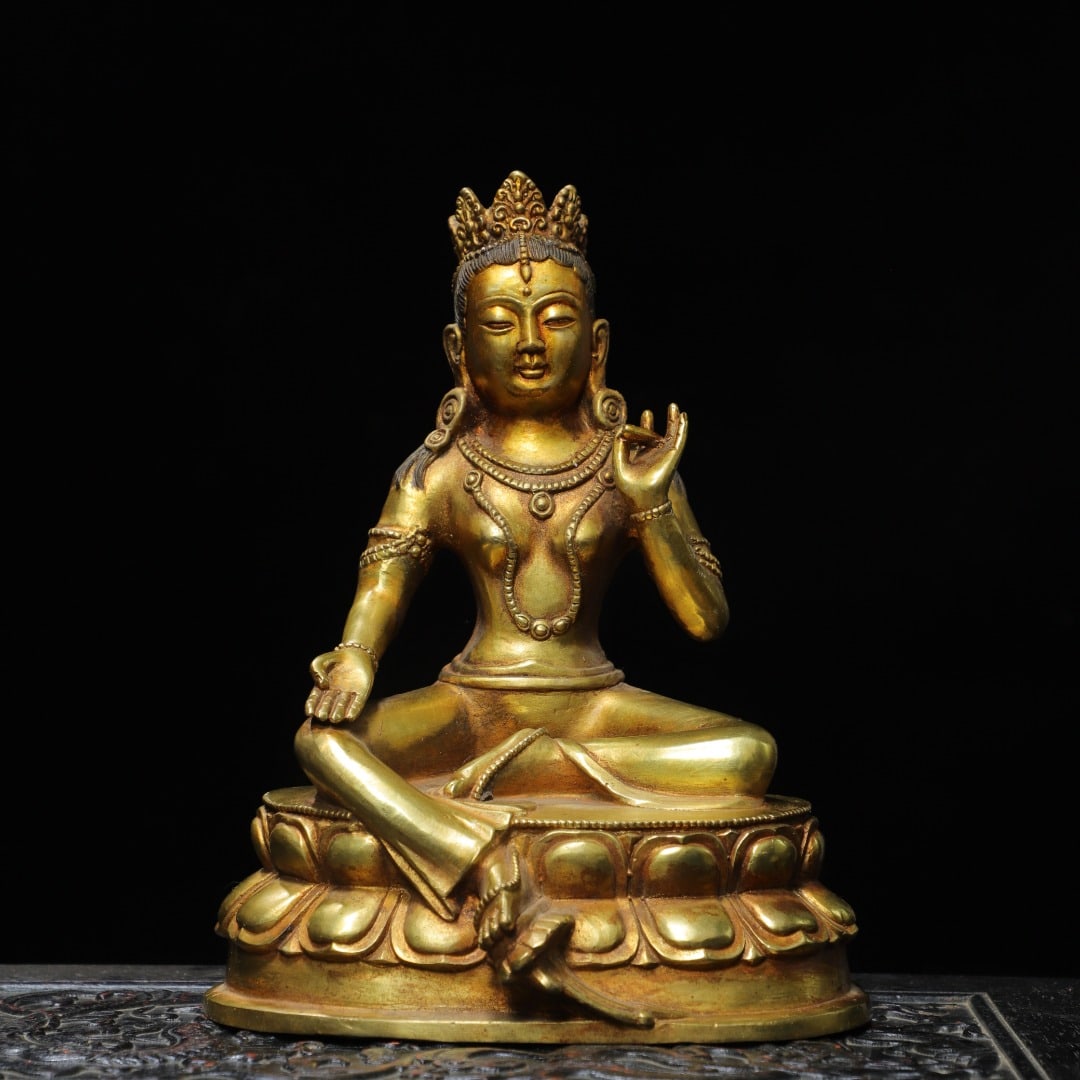 A beautiful Qing Dynasty bronze gilt green Tara Buddha statue (1 of 9)