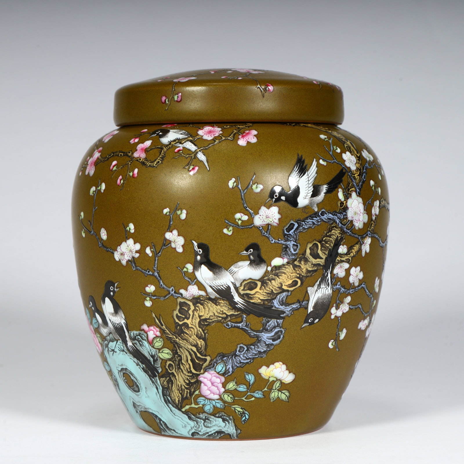 A fine Qing Dynasty tea leaf powder glaze famille rose lidded jar with twelve joy patterns (1 of 10)