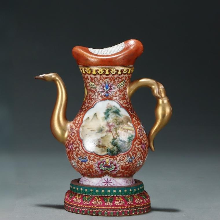 A fine Qing Dynasty Qianlong period enamel landscape and water pattern double-handled ewer (1 of 8)
