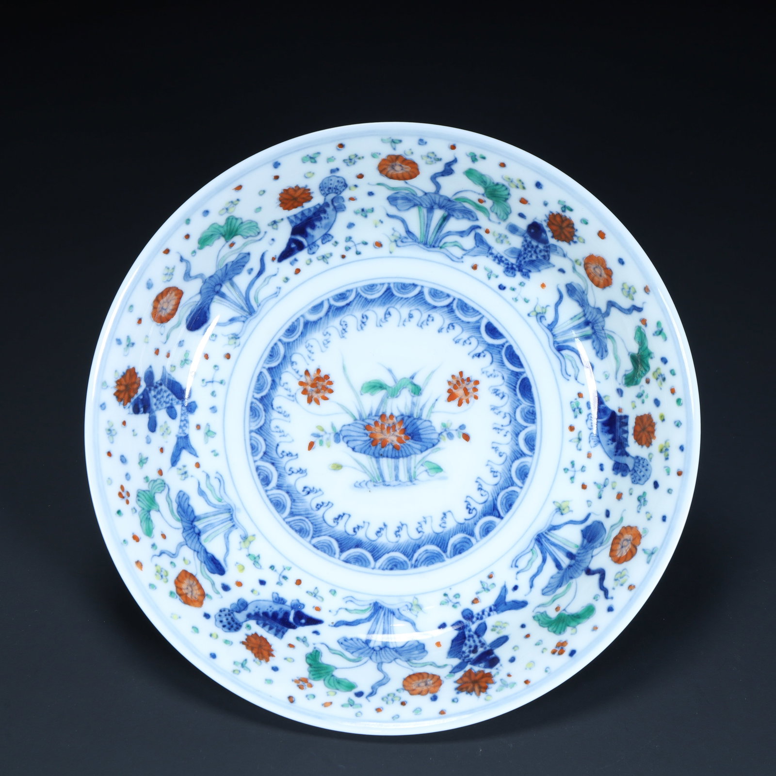 A fine Ming Dynasty Daidoucai lotus pond and qingqu patterned plate (1 of 7)