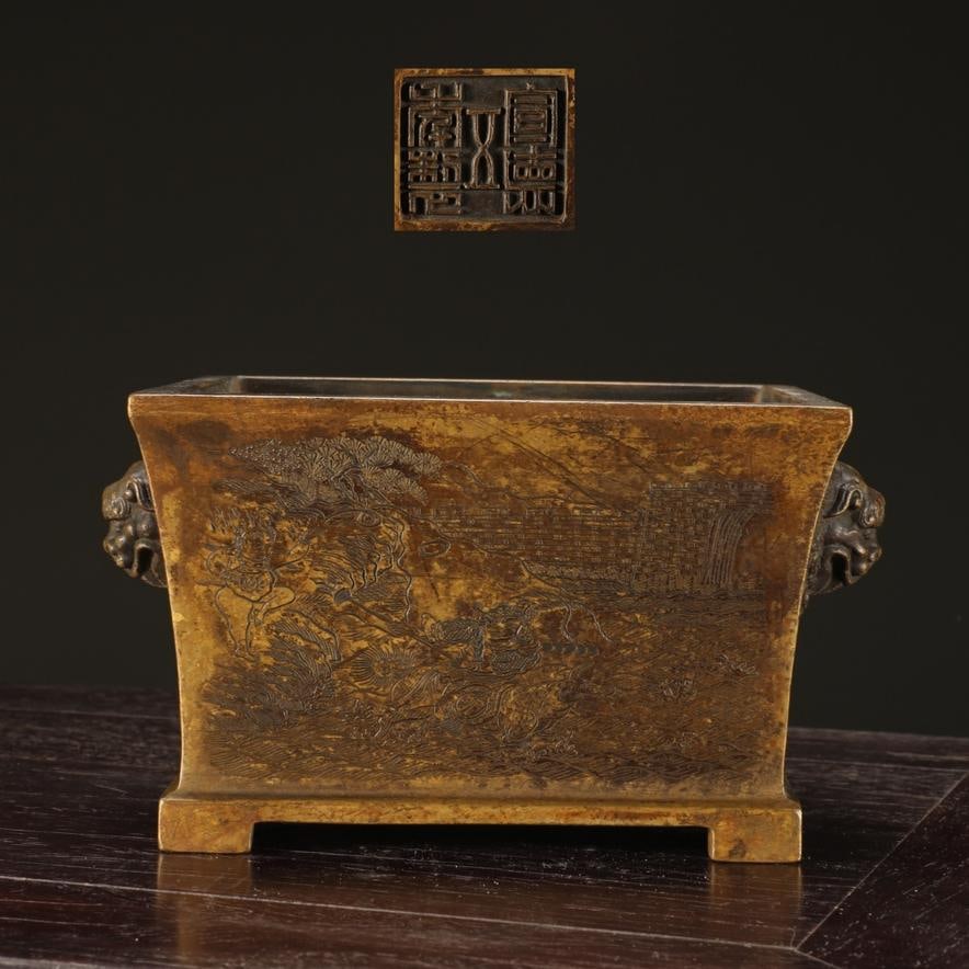 A fine Ming Dynasty fine-cast bronze-inlaid Nezha Chaos Sea Map four-sided lion-head ear censer (1 of 8)