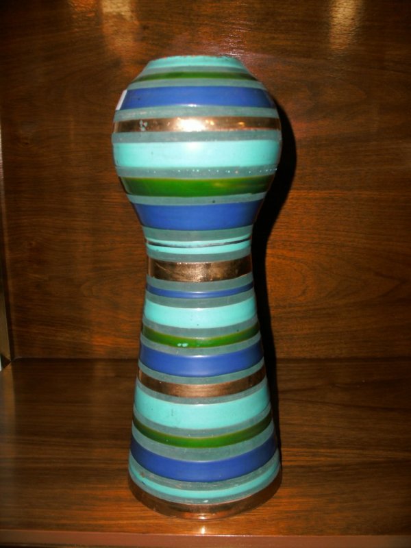 RETRO RAYMOR ITALIAN POTTERY VASE: NICE RETRO ITALIAN POTTERY VASE GREEN BLUE GOLD RINGS ON A MODERN SHAPE BASE MARKED ON THE BASE 11 1/2 X 5 INCHES