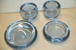 4 PIECE HOLMEGAARD SET MADE BY PER LUTKEN: NICE 4 PIECE SET IN CRYSTAL BLUE ALL HAND FORMED ALL SIGNED ON BOTTOM HOLMEGAARD AND PER LUTKEN INSIG. LARGEST PIECE IS 6 INCHES
