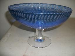GLASS HOUSE ART GLASS COMPOTE MOLTED BLUE: NICE PIECE OF ART GLASS MADE BY THE GLASS HOUSE ART GLASS COMPANY, BLUE COMPOTE BOWL WITH LINES ETCHED INTO THE SIDE ON A CLEAR CRYSTAL BASE AND FOOT SIGNED ON THE BOTTOM 5 1/2 X 8 INCHES