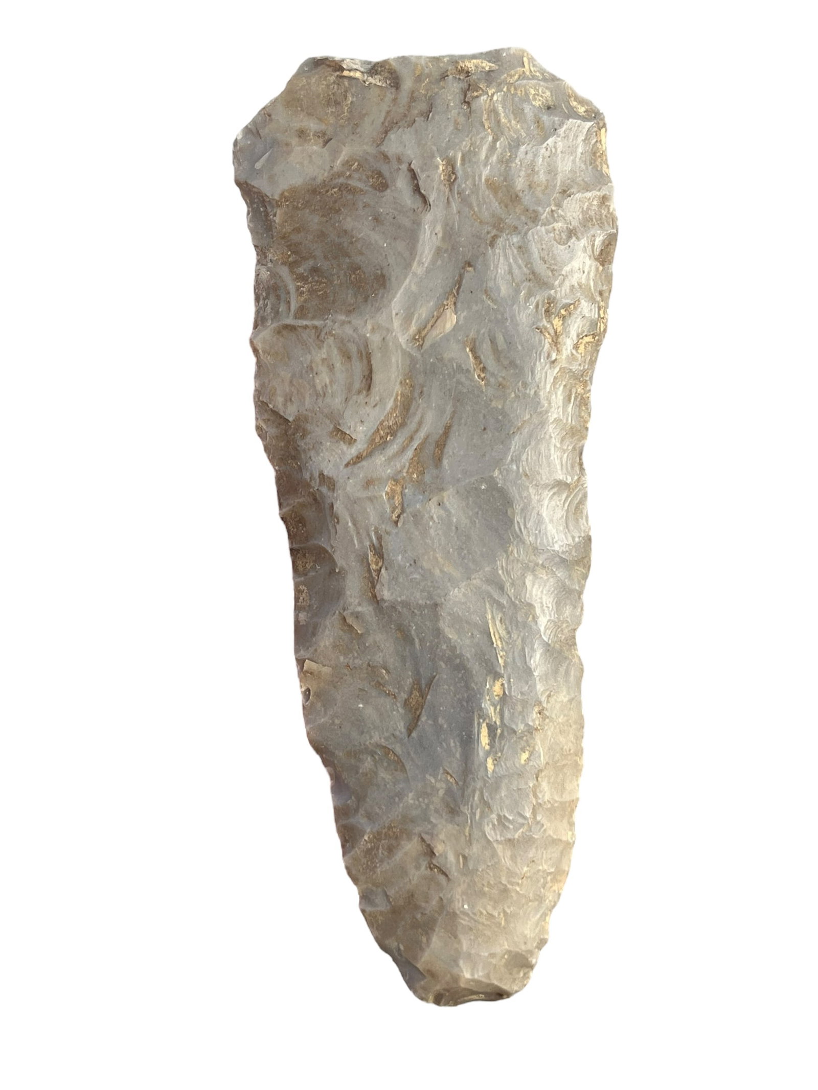 Archaic Blade Arrowhead. Southern Indiana: Archaic blade with damage found in southern, IN. Hornstone chert. 3 15/16”.