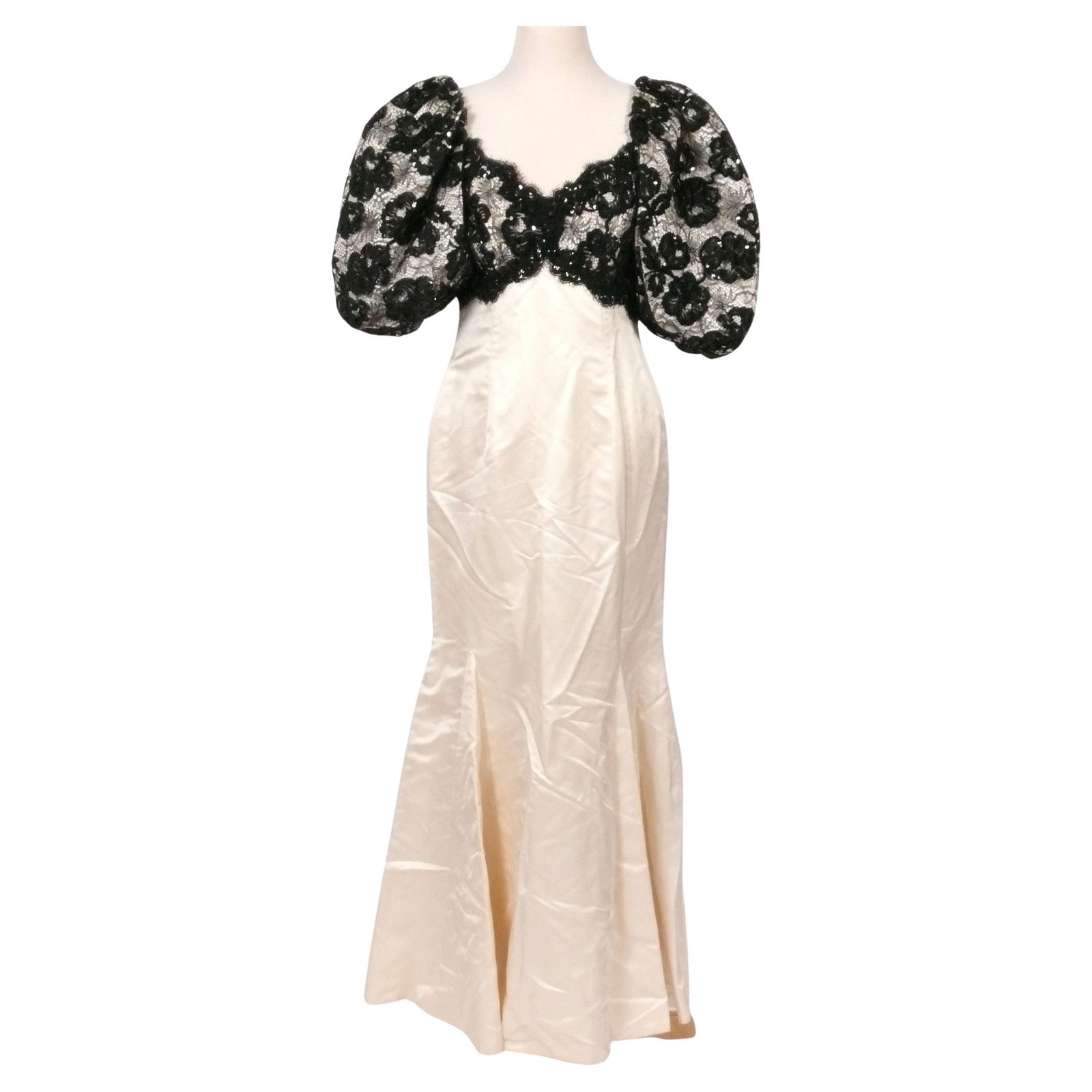 Vintage Satin and Lace Evening Gown From The Estate of Phyllis Newman: Ivory colored satin dress with flared skirt and a black lace and sequin puff sleeve top, circa 1980s. It measures 9.5"W across the waist, and an overall length of 56" from shoulder to hem. From The Es