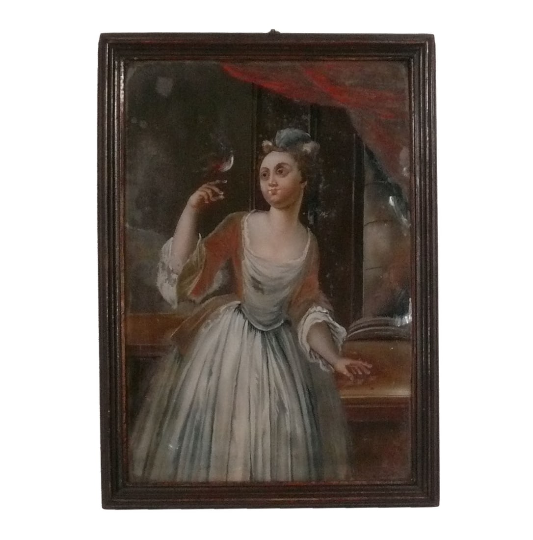 Antique French Reverse Painting on Glass: Antique French reverse painting on glass. 16"H x 11.25"W. The Museum Auctions does not provide in house shipping for any items. We have several other shipping options:We offer free local pickup in Atl