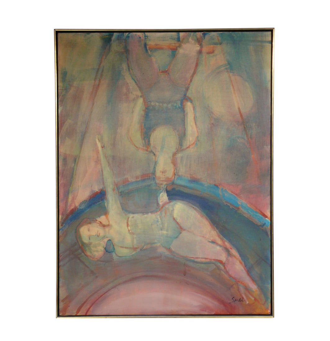 Acrobats Painting by Georges Sardi: Modernist "Acrobats" painting by Georges Sardi, French, circa 1960s. It is executed in oil on canvas and retains it's original minimalist wood frame. It measures an impressive 49" height x 37" width. 