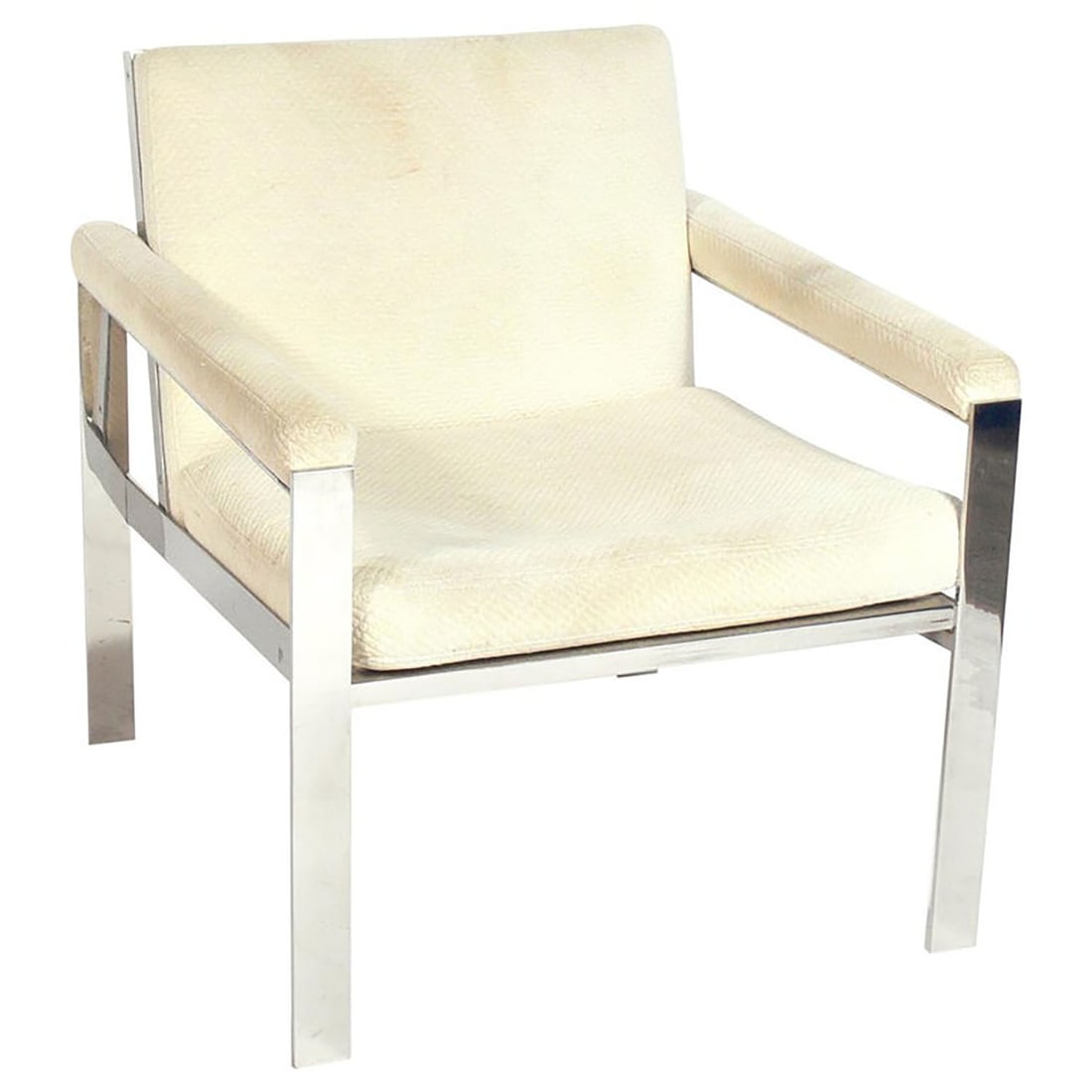 John Vesey Clean Lined Mid Century Lounge Chair: Clean lined model "V-54" lounge chair, designed by John Vesey, circa 1960s. While it appears to be chrome, it is actually high polished stainless steel. Needs to be reupholstered. Seen on 1stdibs reup