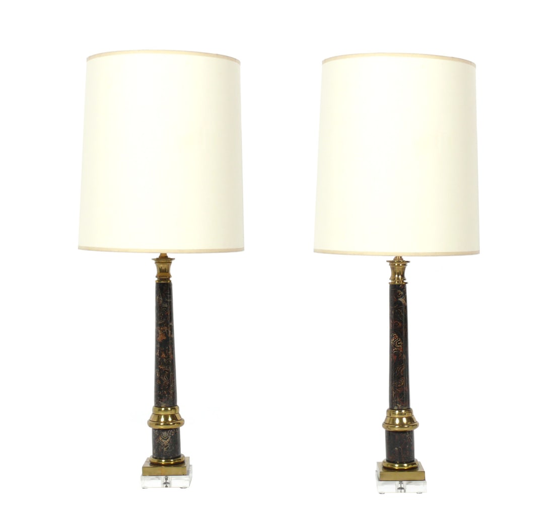 Pair of Enrique Garcel Lamps Karl Springer Style: Pair of Enrique Garcel Lamps, Colombia, circa 1980s. They are constructed of tessellated shell, brass, and lucite. They measure 23.25"H to top of sockets. Rewired and ready to use. Shades are NOT incl