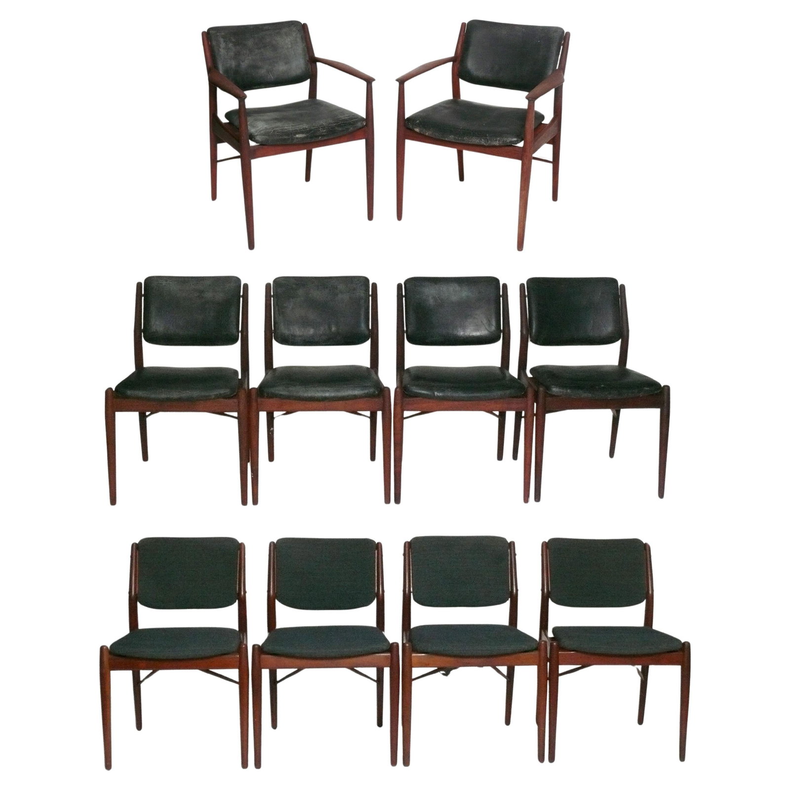Danish Modern Dining Chairs by Arne Vodder Set of Ten: Set of ten Danish modern dining chairs, designed by Arne Vodder for Sibast, Denmark, circa 1960s. The arm chairs measure 31.5” H x 24" W x 19.5" D x 18" seat height x 25.25" arm height. The side