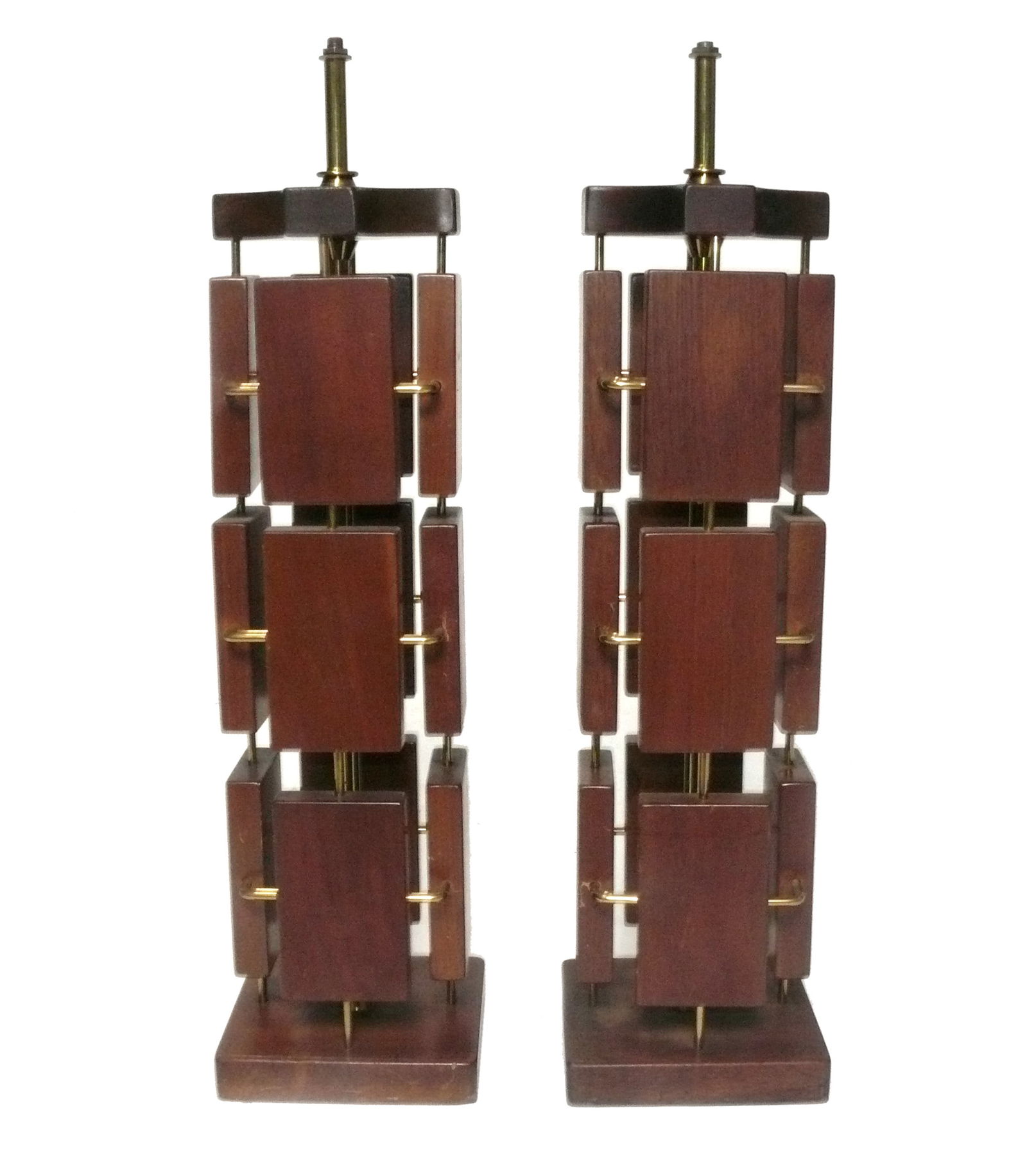 Pair of Sculptural Walnut and Brass Mid-Century Modern Lamps (1 of 5)