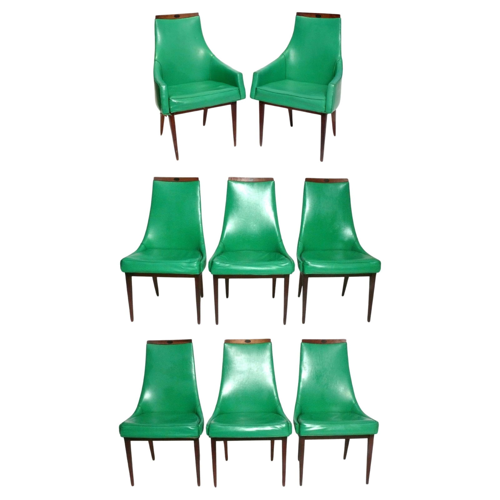 Set of 8 Kipp Stewart Dining Chairs: Set of Eight Curvaceous Dining Chairs, designed by Kipp Stewart for Calvin, American, circa 1960s. The arm chairs measure 38"H x 23.75"W x 21"D x 18.5" seat height. The side chairs measure 38"H x 22.5