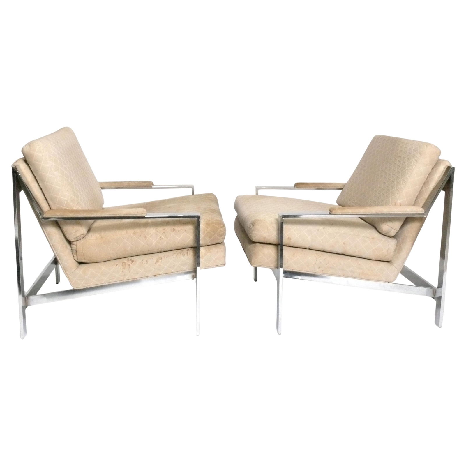 Cy Mann Chrome Lounge Chairs Milo Baughman Style: Cy Mann Chrome Lounge Chairs Milo Baughman Style, American, circa 1960s. 31"H x 29.5"W x 32"D x 18" seat height. Furniture items are too large to ship via a common carrier like UPS or FedEx. They will