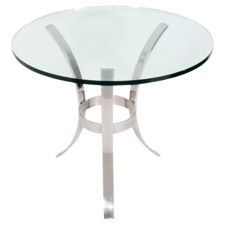 John Vesey Attributed Chrome Tripod Table Base: Heavy well constructed Modernist chrome center table base, attributed to John Vesey, unsigned, American, circa 1960s. It is a versatile Size and can be used as a center table, side or end table, or ni