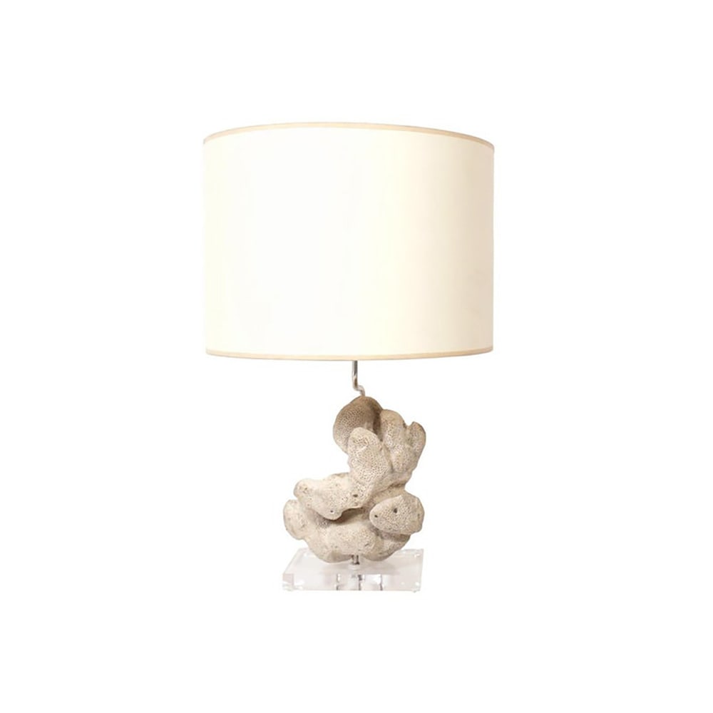 Vintage Coral and Lucite Specimen Lamp: The coral was found circa 1950s, and was recently made into lamps with thick lucite bases. Rewired and ready to use. Lamp shade is not included. 17"H x 8"W x 8"W