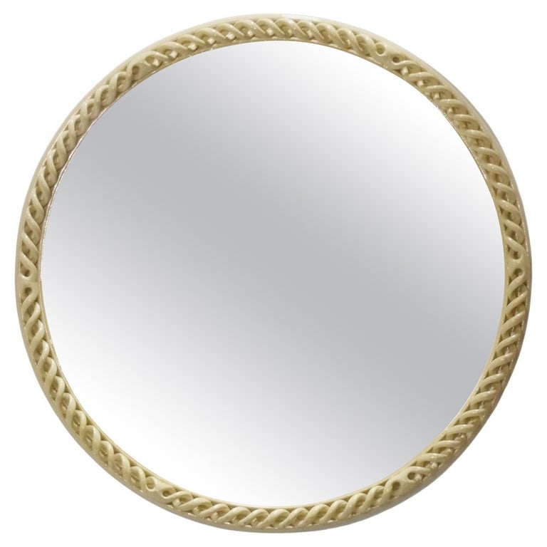 Lacquered Spiral Openwork Mirror: Ivory Color Lacquered Spiral openwork mirror, at least circa 1940s, possibly much earlier. It measures an impressive 41.5" diameter. Furniture items are too large to ship via a common carrier like UPS