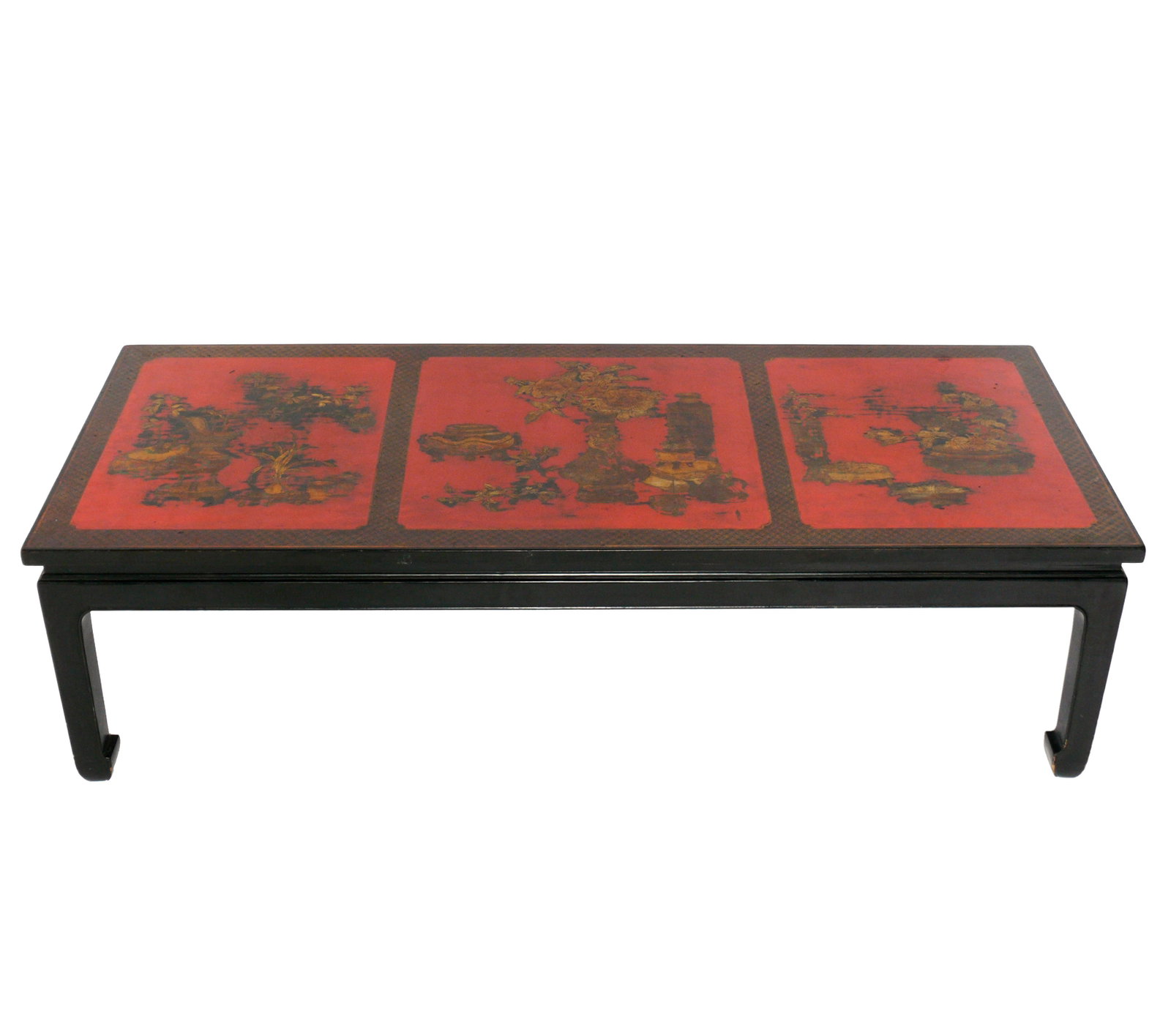 Chinoiserie Coffee Table: Elegant Chinoiserie coffee table, China, circa 1950s. Retains wonderful original patina. 17"H x 60.5"W x 24.5"D. Furniture items are too large to ship via a common carrier like UPS or FedEx. They will