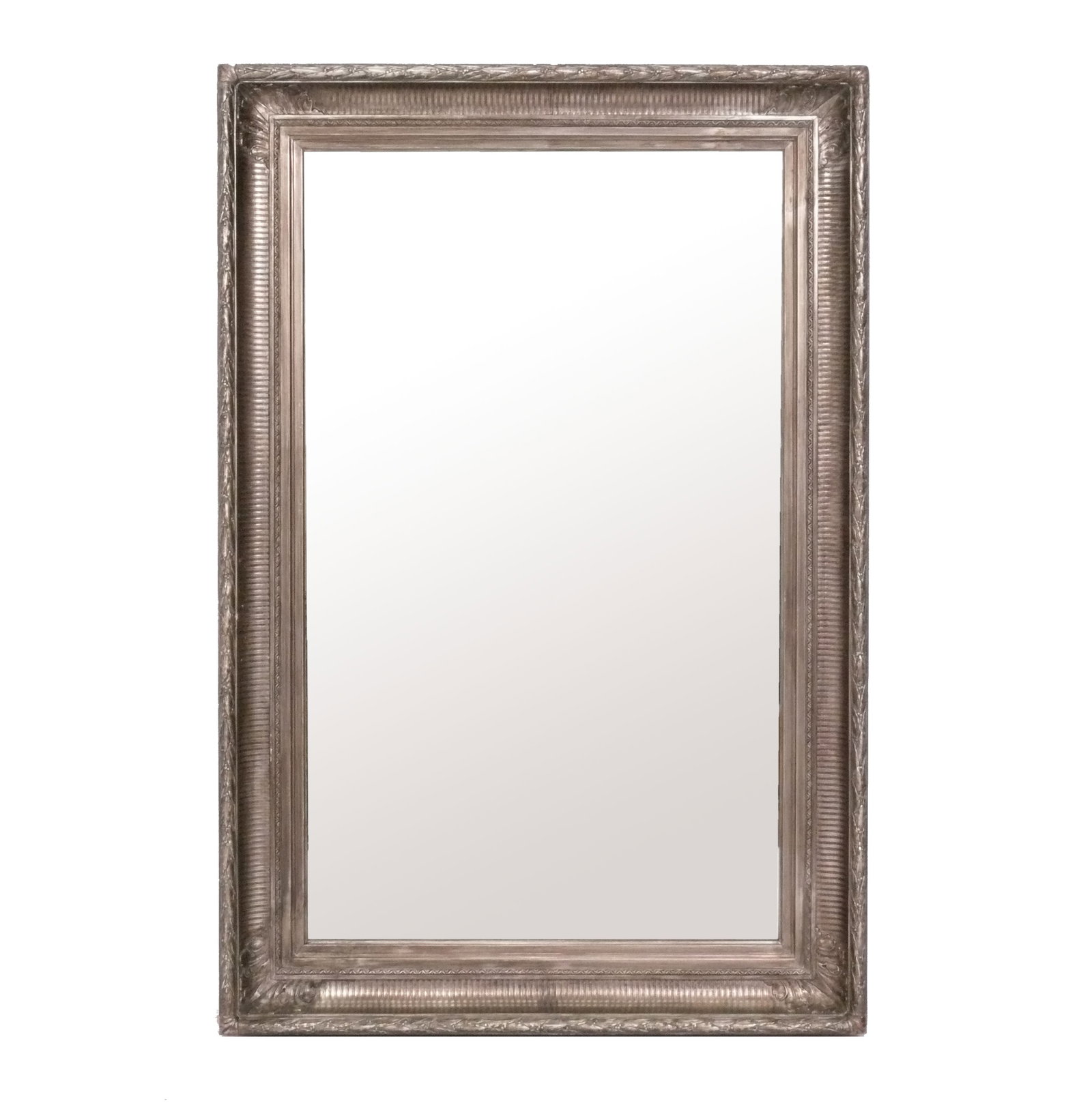 Large Scale Eli Wilner Silver Mirror from The Carlyle Hotel NYC: Large Scale Silver Mirror, made by legendary NYC Frame Company Eli Wilner and Company. Signed on verso. It measures an impressive 55"H x 37"W x 4.75"D. Eli Wilner's custom frames cost several thousand