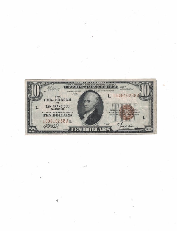 Federal Reserve Bank Of San Francisco 1929 Ten Dollar Banknote (1 of 2)