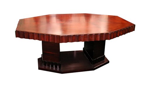 8-Piece Rosewood Art Deco Dining Suite by Cayette: Fabulous 8 pc. rosewood Art Deco dining suite by Cayette. With unusual double pedestal table and black veined marble top buffet withmatching scalloped edge. Includes 6 chairs covered in gray leather.