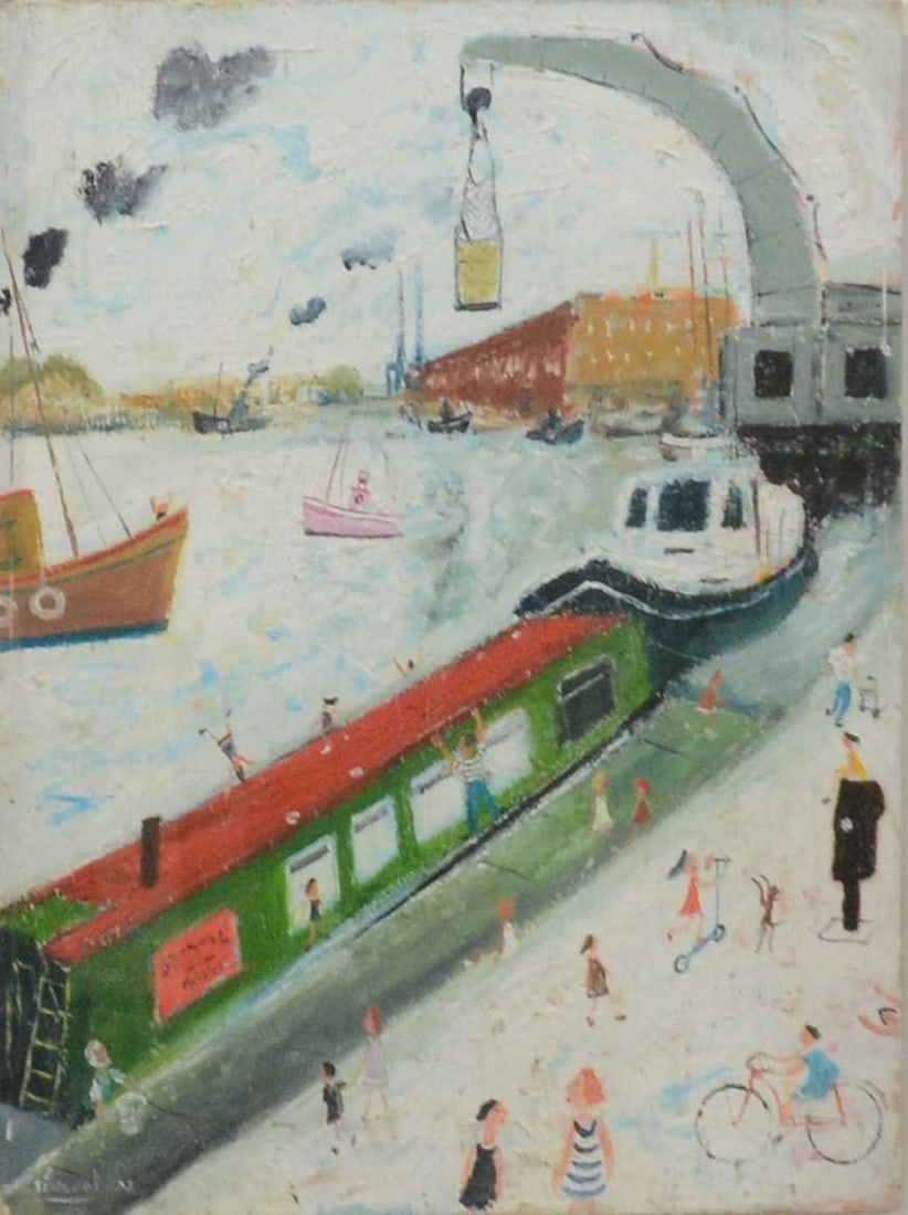 § Simeon Stafford (b. 1956-) Canal barges at Bristol: Simeon Stafford (b. 1956-), Canal barges at Bristol, signed and dated '02, acrylic on board, 50x40cm.
