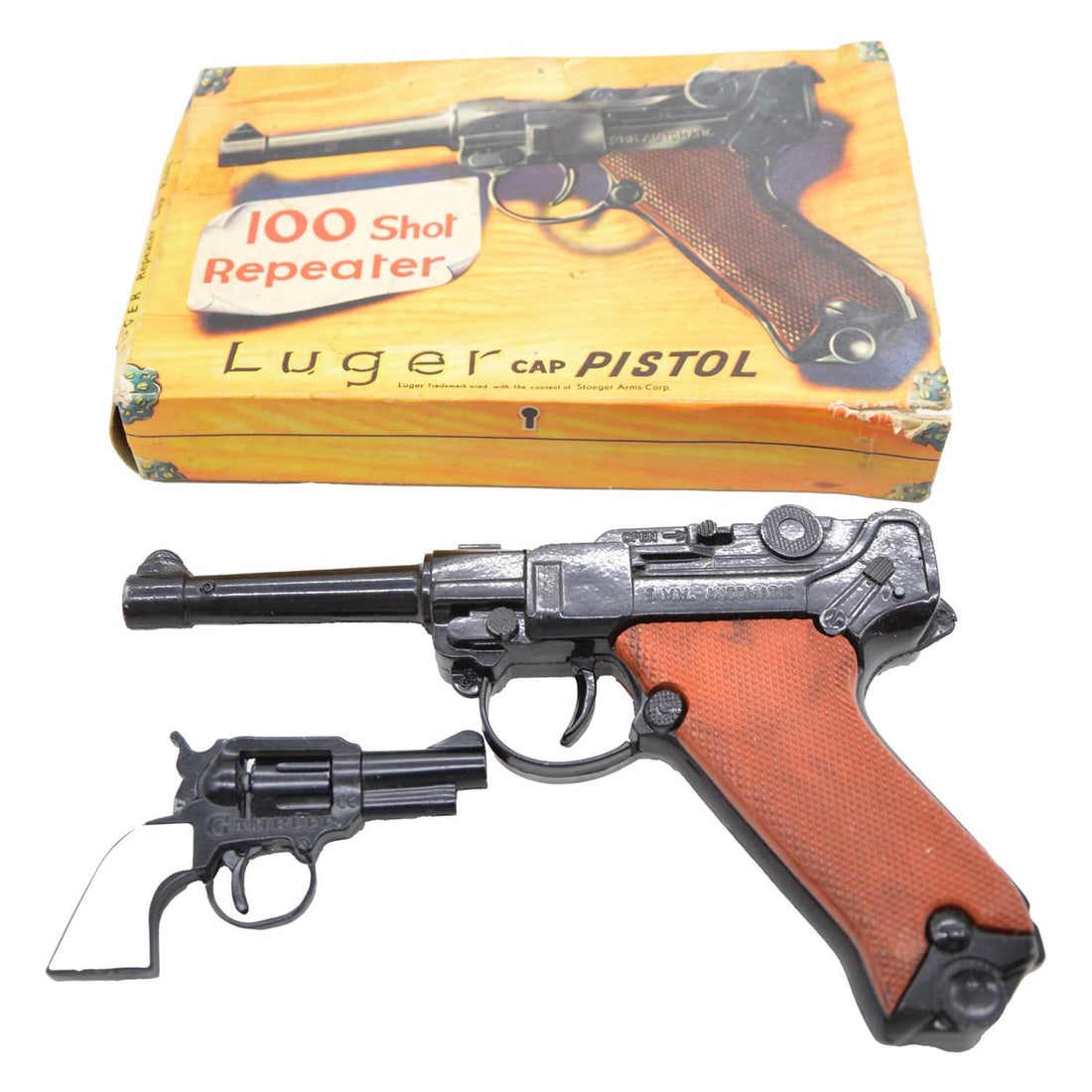 Two Lone Star cap guns, Luger, Gambler: Lone Star cap guns, two including Luger cap pistol, boxed, no caps included; Gambler spud gun Qty: 2