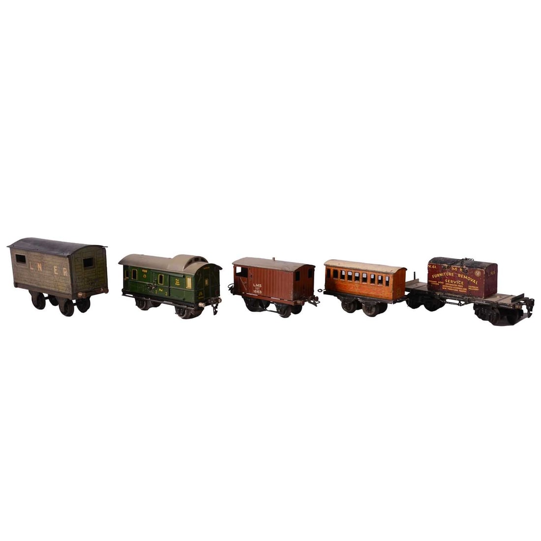 Six various O gauge scale model railway rolling stock, and track: Six various O gauge scale model railway rolling stock including Marklin 0-4-0 luggage coach with sliding doors no. 17320; Marklin low-sided Bogie wagon; Bowman Models LNER Brake Van; Hornby LMS 10T Go