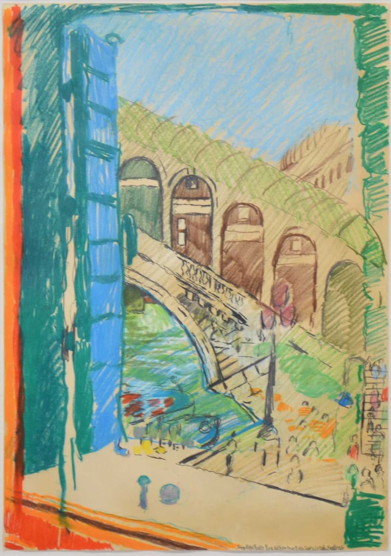 § John Bratby RA (British, 1928-1992) From Hotel Rialto Riva del Perro Ponte Rialto: John Bratby RA (British, 1928-1992),From Hotel Rialto Riva del Perro Ponte Rialto, Sept 22 '87,crayon and mixed media, signed and titled,59x42cm;mounted, glazed and framed, overall size 78x59cm. Qty: