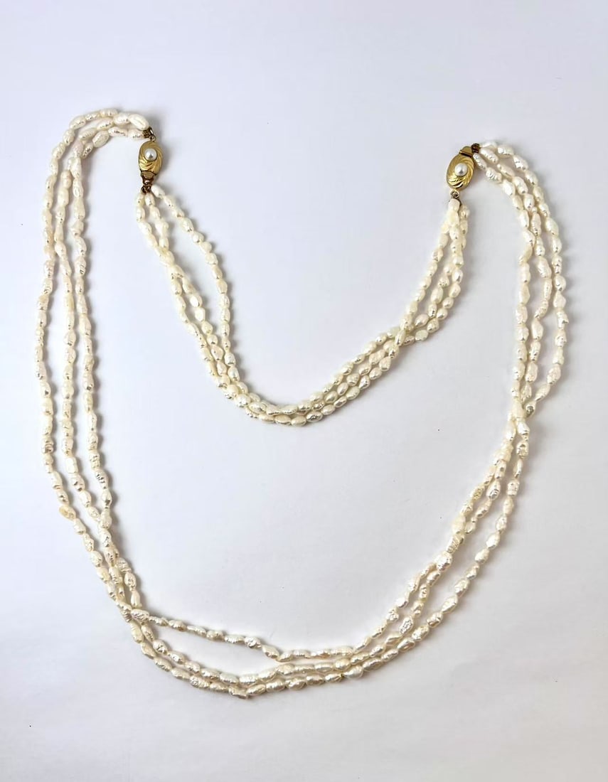 Three-Strand Fresh Water Pearl Necklace with Gold-Tone Clasps: real pearl