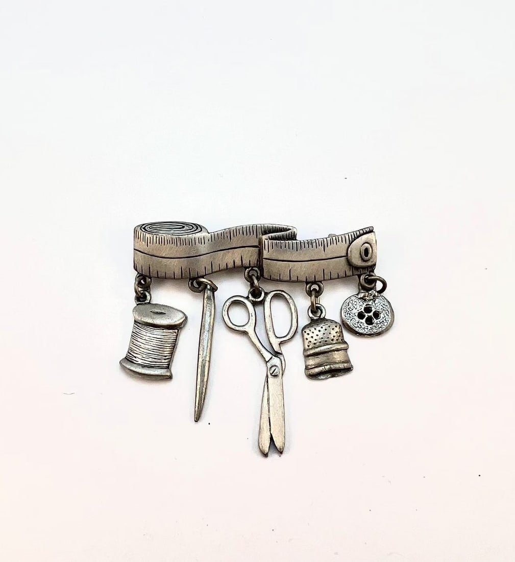 Signed JJ Sewing Themed Silver-Tone Brooch with Charms: vintage