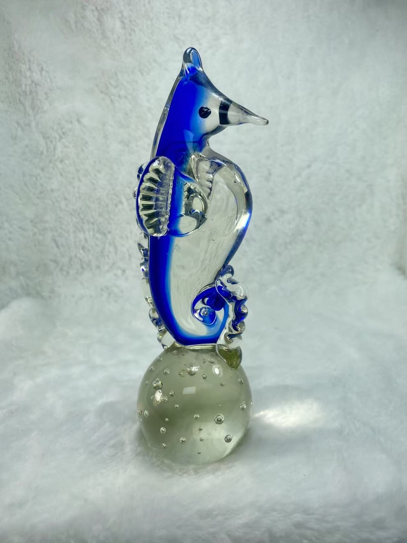 Murano-Style Blue Glass Seahorse Figurine with Bubble B (1 of 1)