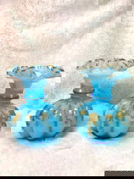 Pair of Fenton Blue Opalescent Glass Vases with Gold Floral Accents