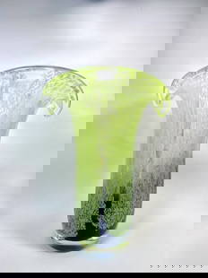 Hand Blown Art Glass Vase | Green & Clear Speckled Decorative Vase: Elegant hand blown art glass vase in green tones with a speckled effect and wide ruffled rim. A unique decorative centerpiece for your space.