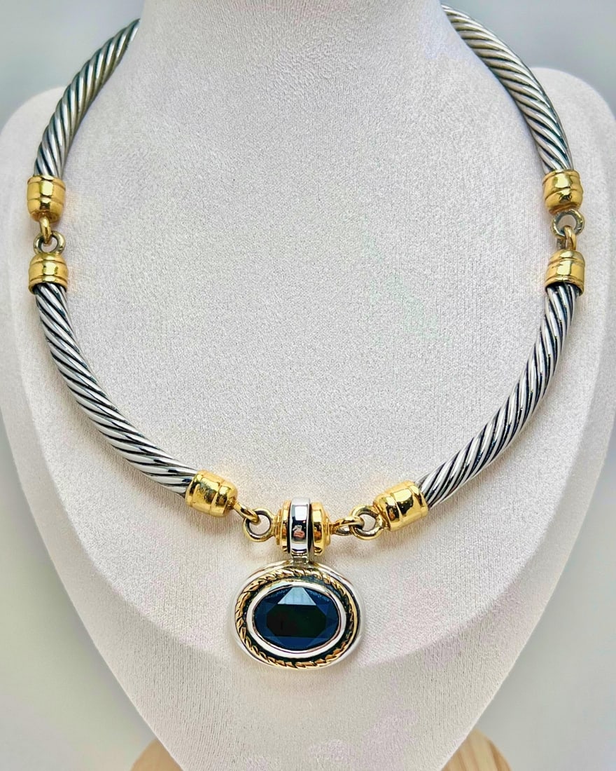 Cable Necklace with Sapphire-Blue Glass Pendant, Gold & Silver Tone Twisted Wire Choker (1 of 3)