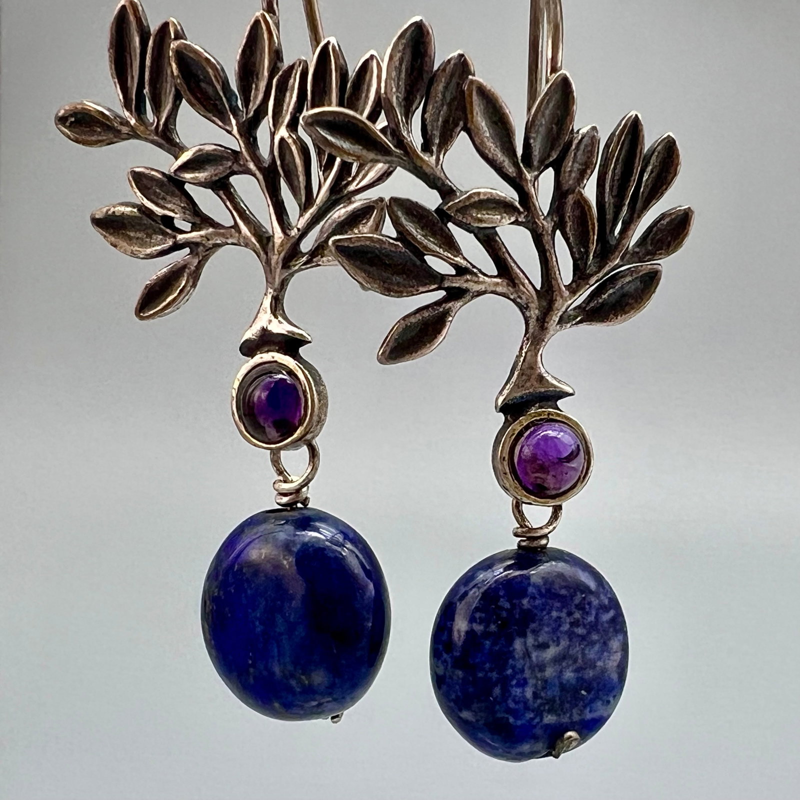 Signed Flora María Mexican Sterling Silver Earrings with Amethyst and Lapis (1 of 3)