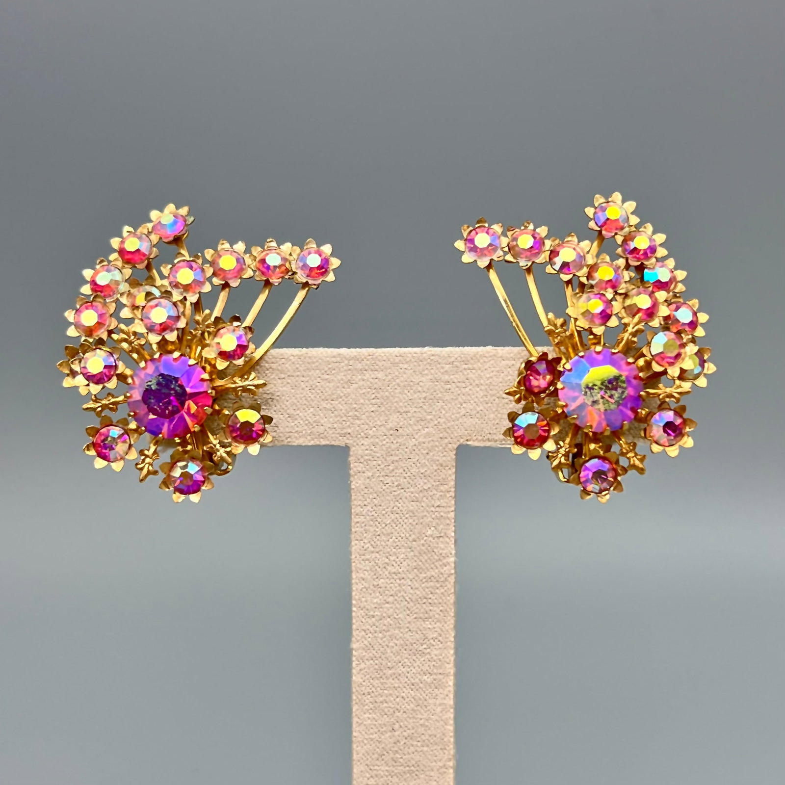 Vintage Pink AB Rhinestone Floral Fan Clip Earrings (1 of 3)